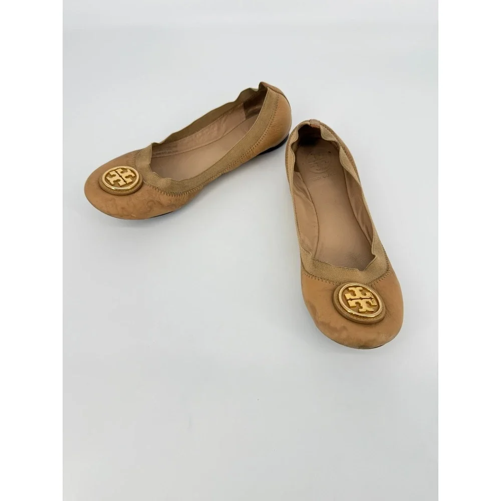 Tory Burch Reva Ballet Flats Size 7.5M Tan Leather Gold Logo Classic Preppy Chic